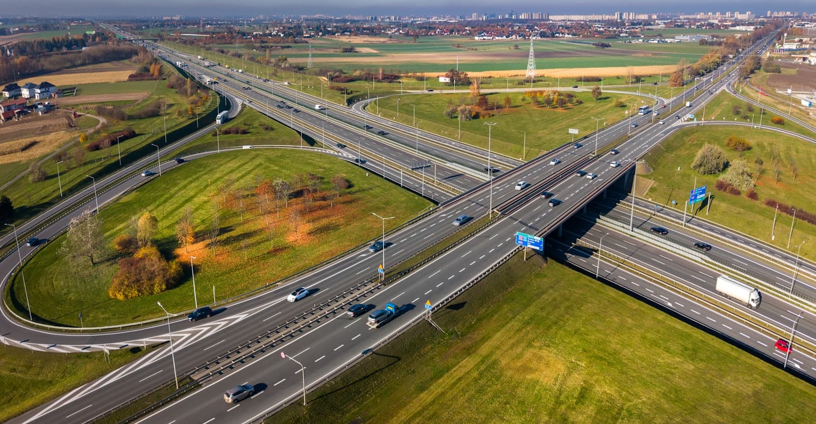Aerial view of a multi-level highway interchange