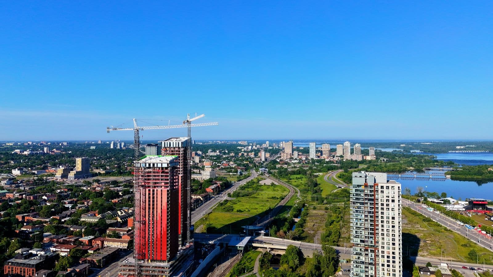 Aerial view of a mixed-use residential development under construction