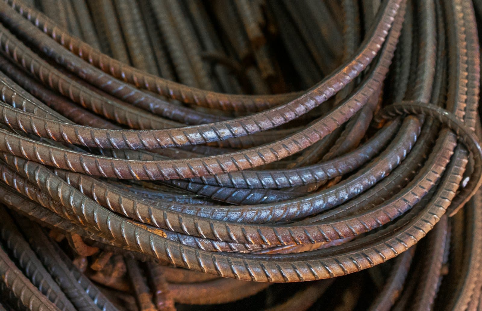 Bundled steel rebar stacked on a jobsite